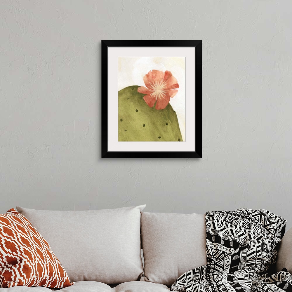 A bohemian room featuring Contemporary painting of a bloom on the top of a cactus on a neutral backdrop.