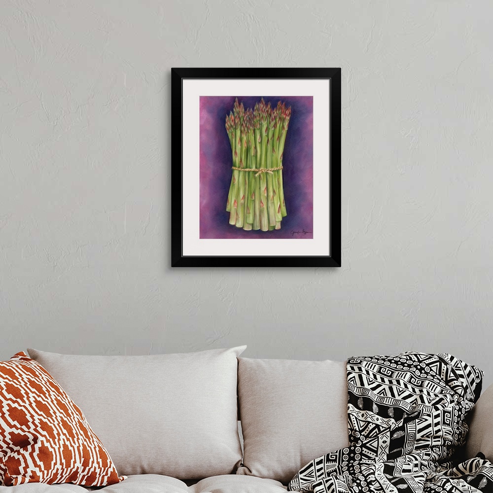 A bohemian room featuring Kitchen wall art by Jennifer Goldberger featuring a bundle of asparagus on a soft painted backgro...