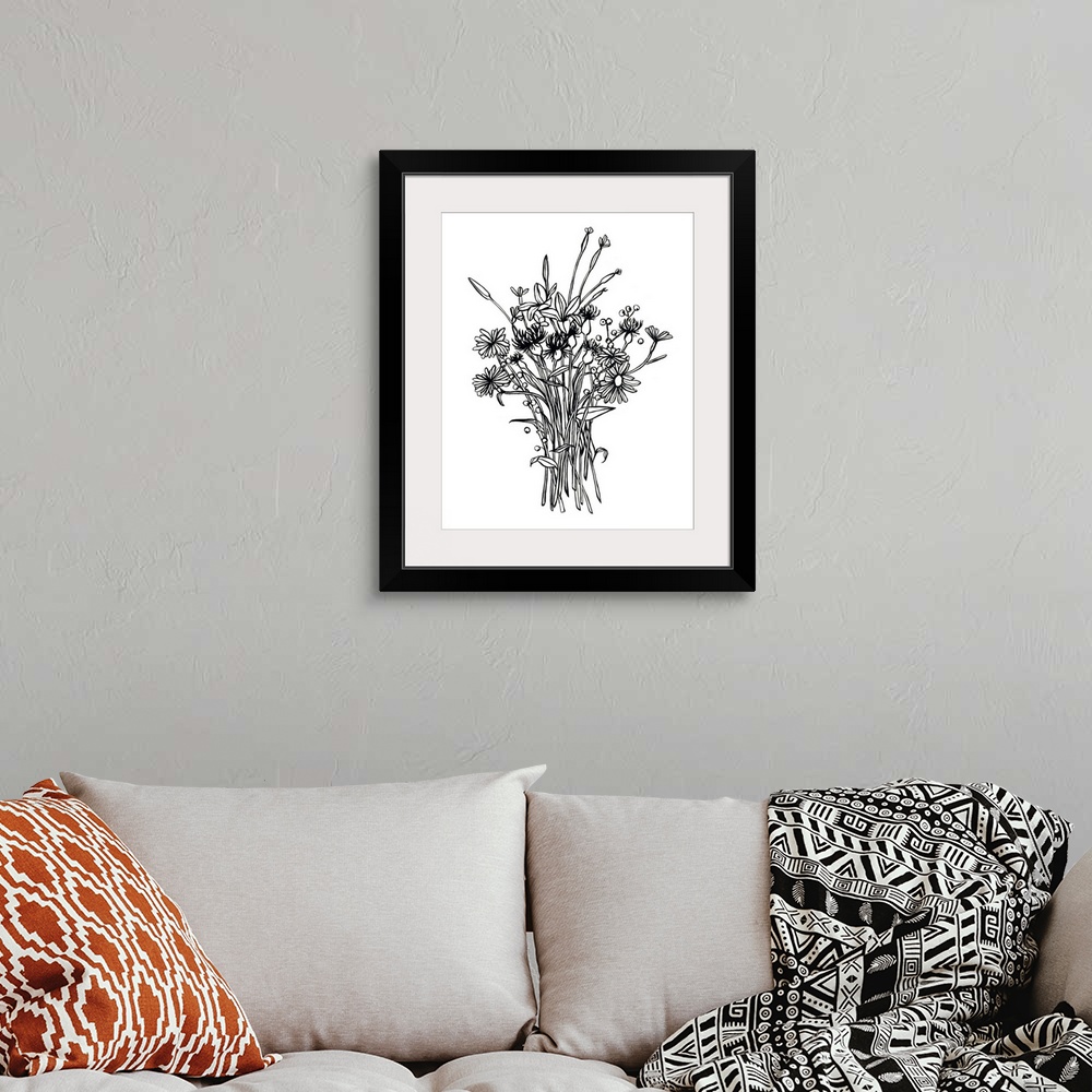 A bohemian room featuring Contemporary painting of a floral bouquet outlined in black on a white background.