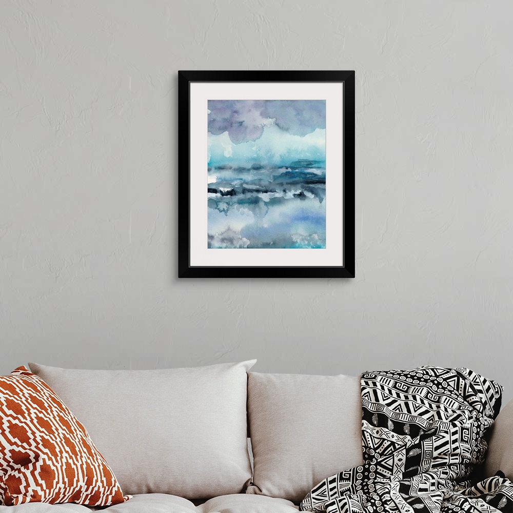 A bohemian room featuring This vertical abstract watercolor painting contains shades of blue, purple and teal.