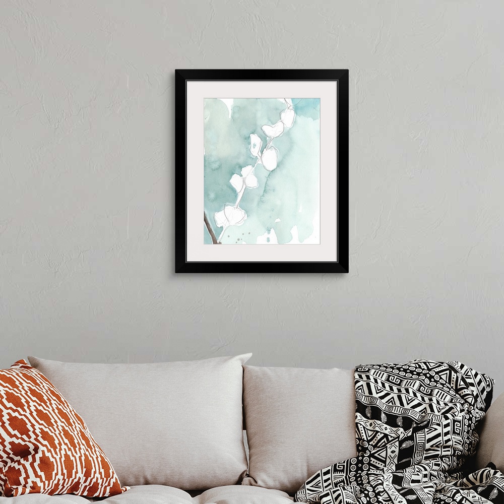 A bohemian room featuring Pencil sketch of Ginkgo leaves with a light blue watercolored background.