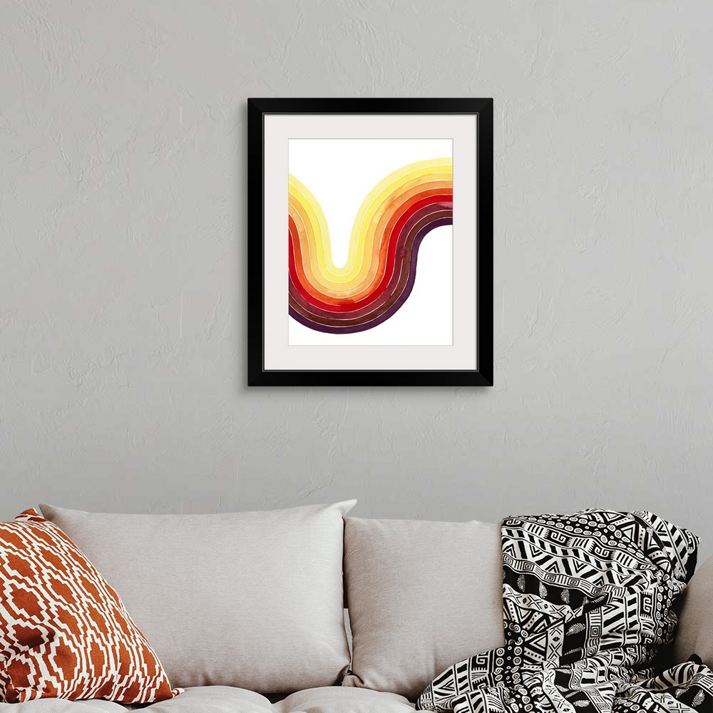 A bohemian room featuring Contemporary abstract watercolor painting of a curved shaped in warm tones from eggplant to daffo...