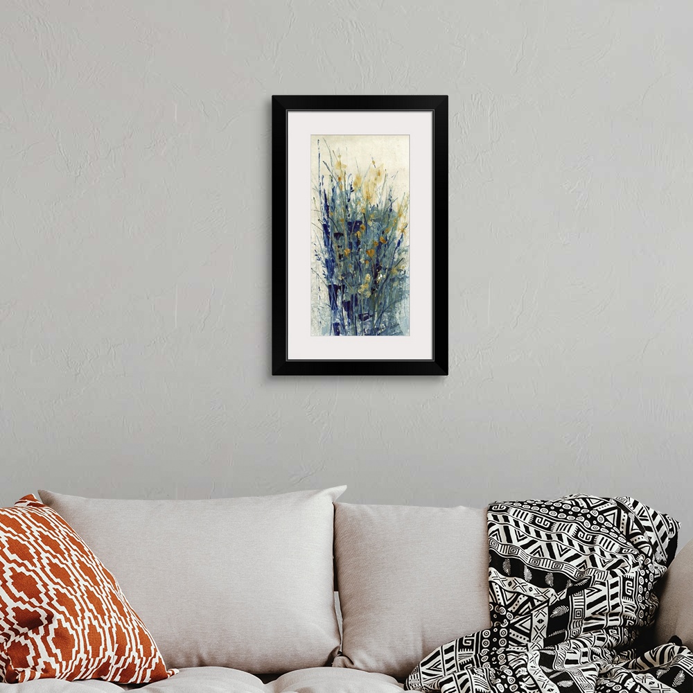 A bohemian room featuring Contemporary abstract artwork using dark cool tones in wispy line strokes creating what looks lik...