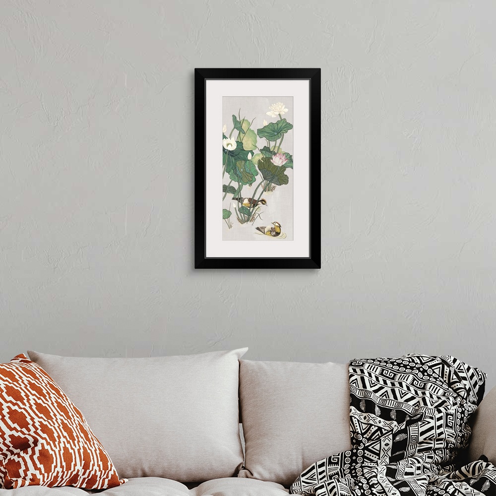 A bohemian room featuring This painted illustration over linen gives a vintage feel to playful pond scene featuring lotus f...