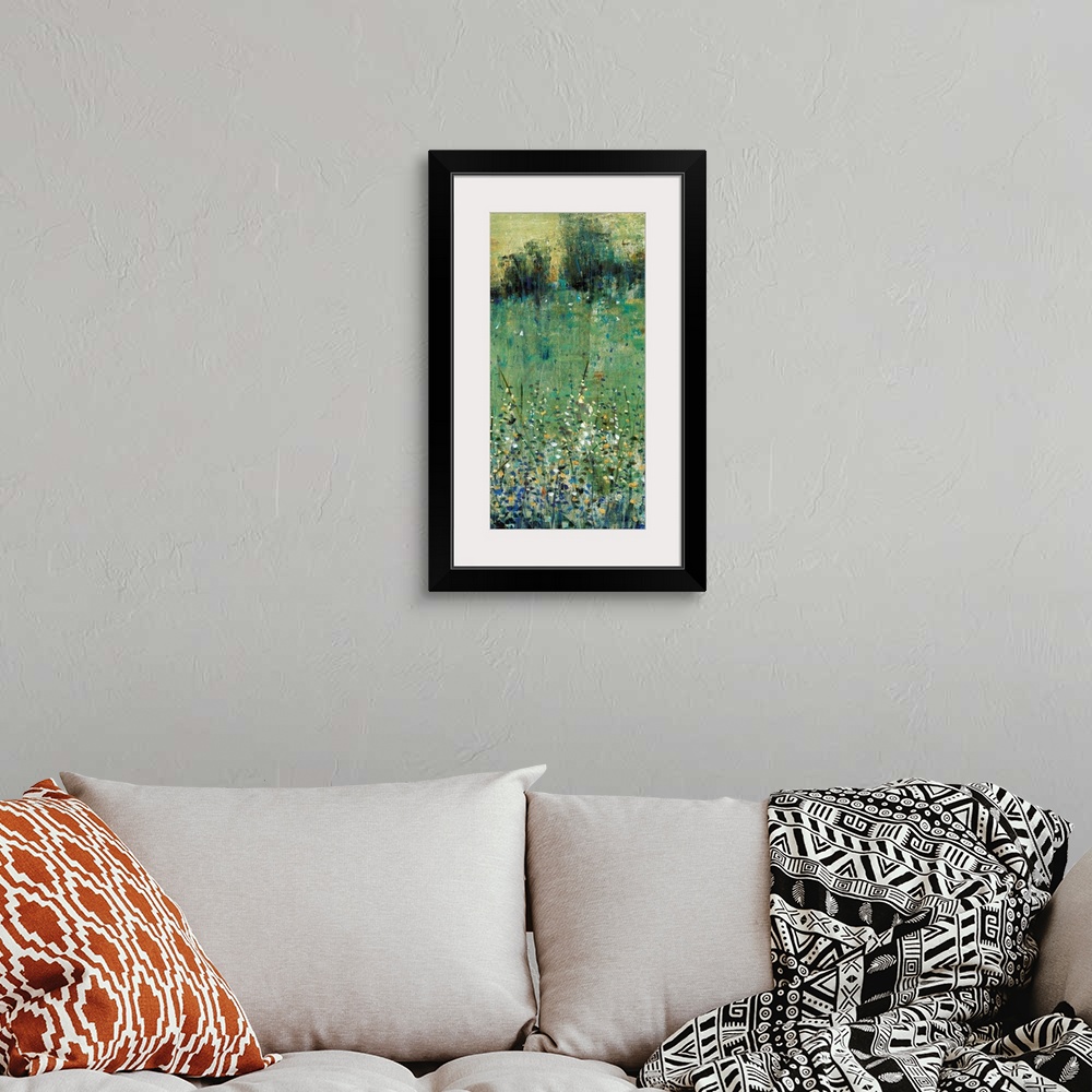 A bohemian room featuring Contemporary painting of an abstracted green meadow full of wildflowers.