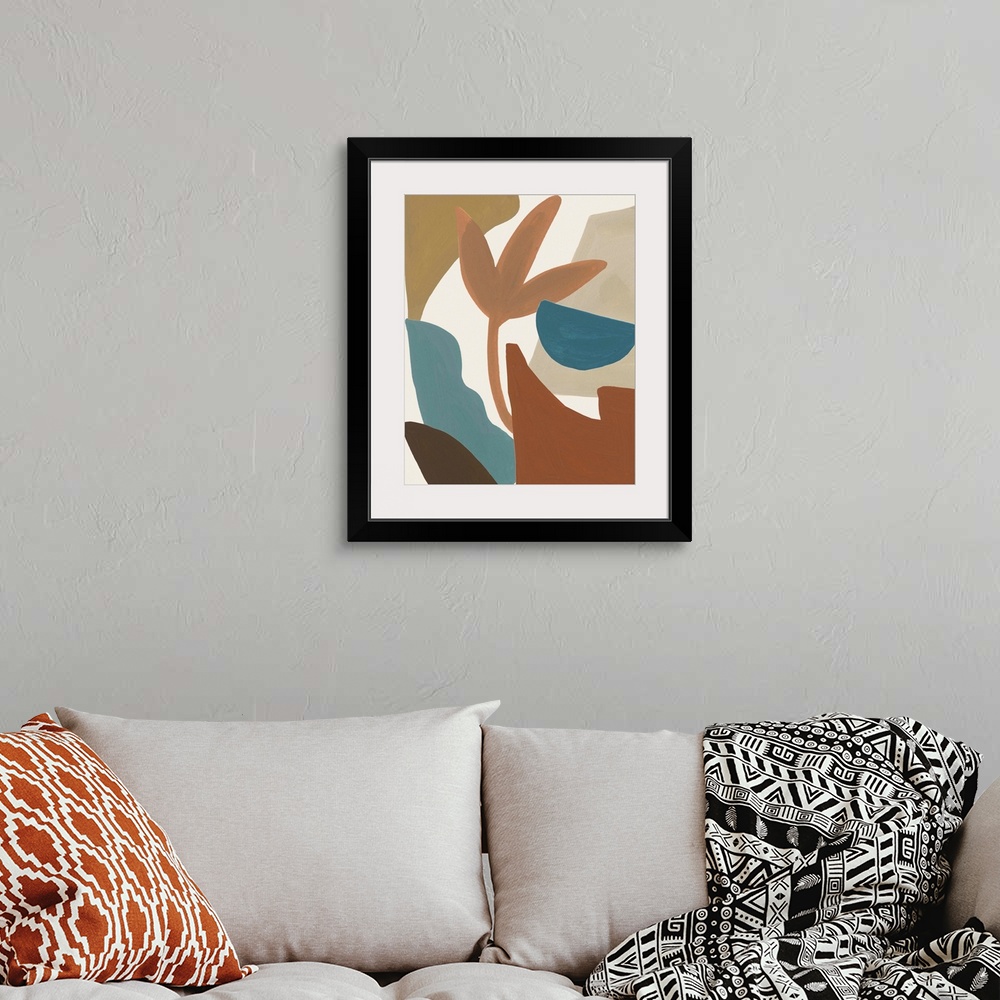 A bohemian room featuring Contemporary abstract collage of flowers, leaves, shapes, and vases in earth tones and blue.