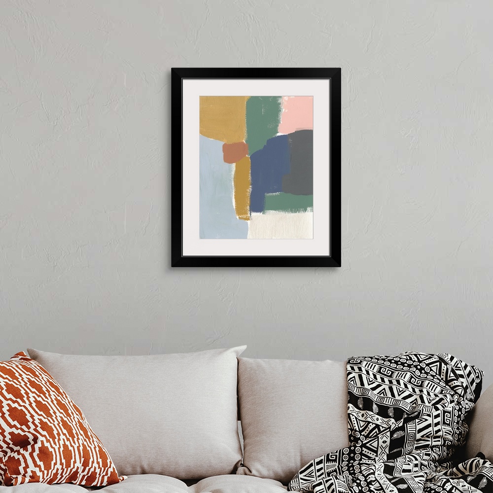 A bohemian room featuring This abstract artwork features blocks of muted colors with feathered dry brush edges over a white...