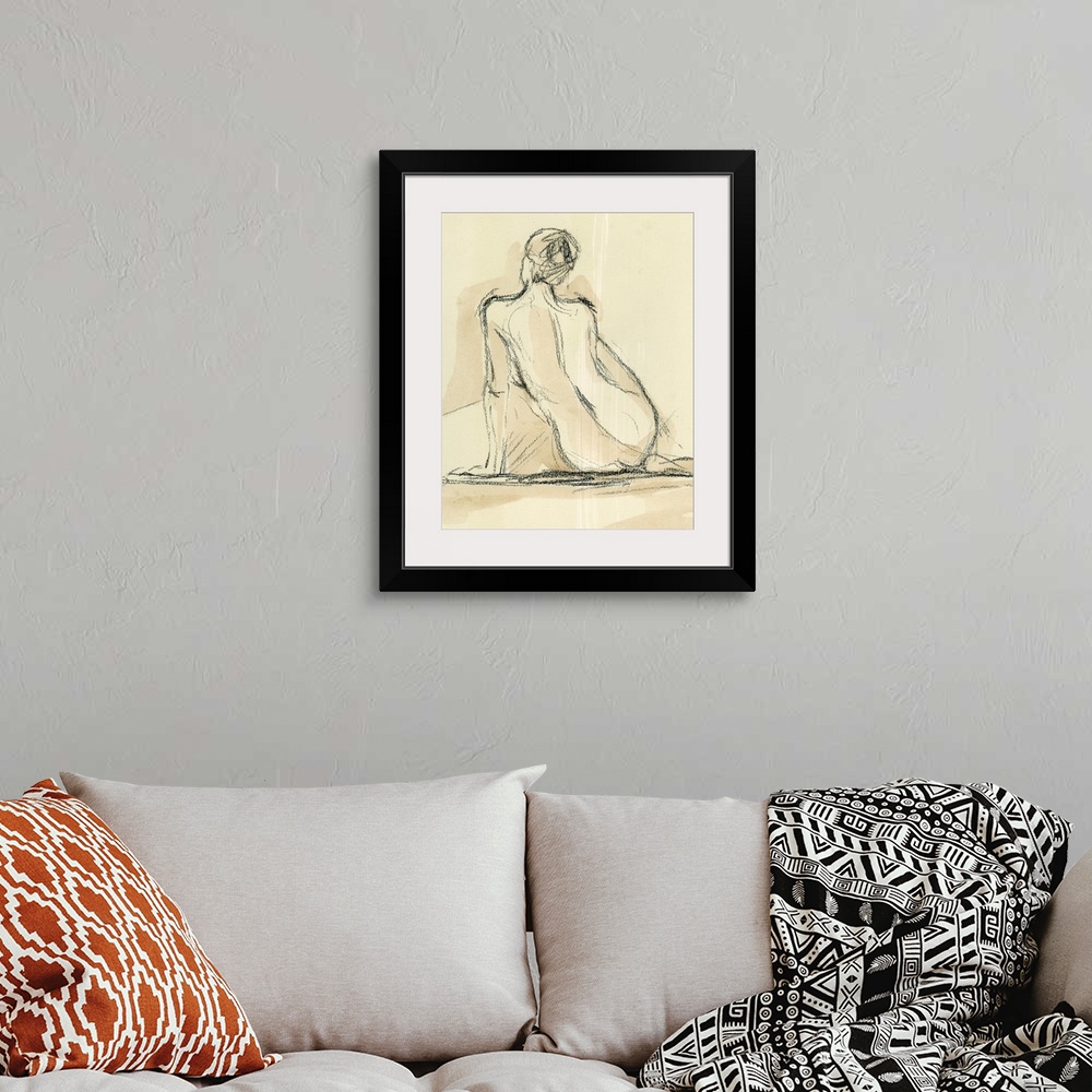 A bohemian room featuring Portrait, figurative art on a large wall hanging, of a roughly sketched nude, female form, leanin...