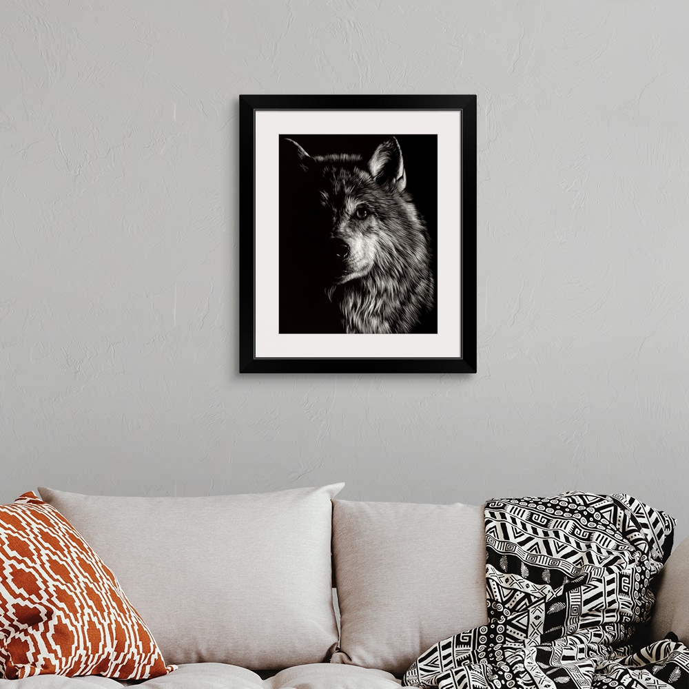 A bohemian room featuring Black and white illustration of a wolf looking straight ahead, half in shadow.