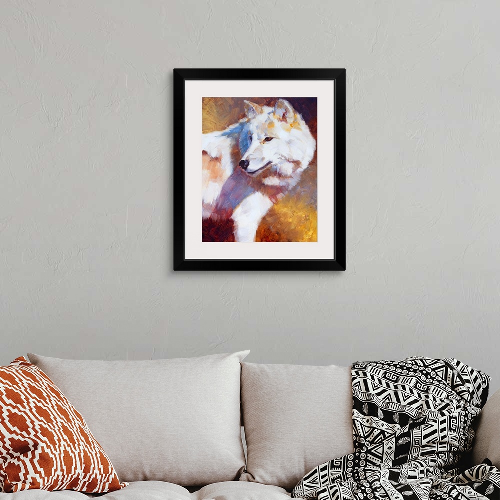 A bohemian room featuring Contemporary painting of a white wolf looking back at something against a golden background.