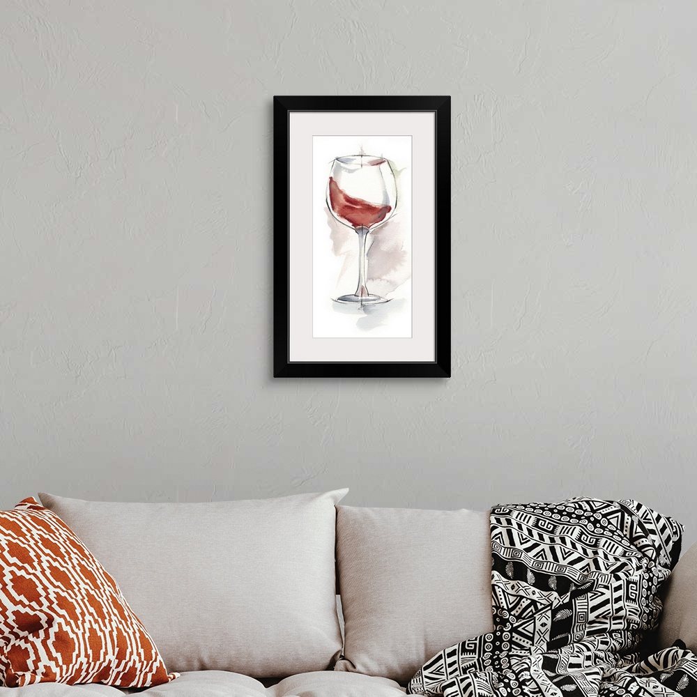 A bohemian room featuring Vertical artwork featuring sketched wine glasses with watercolor accents.