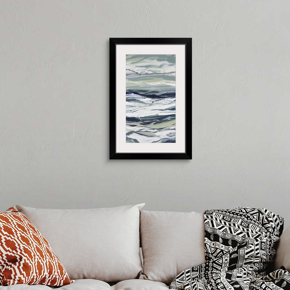 A bohemian room featuring A cool toned, marble-like abstract painting that represents the ocean.