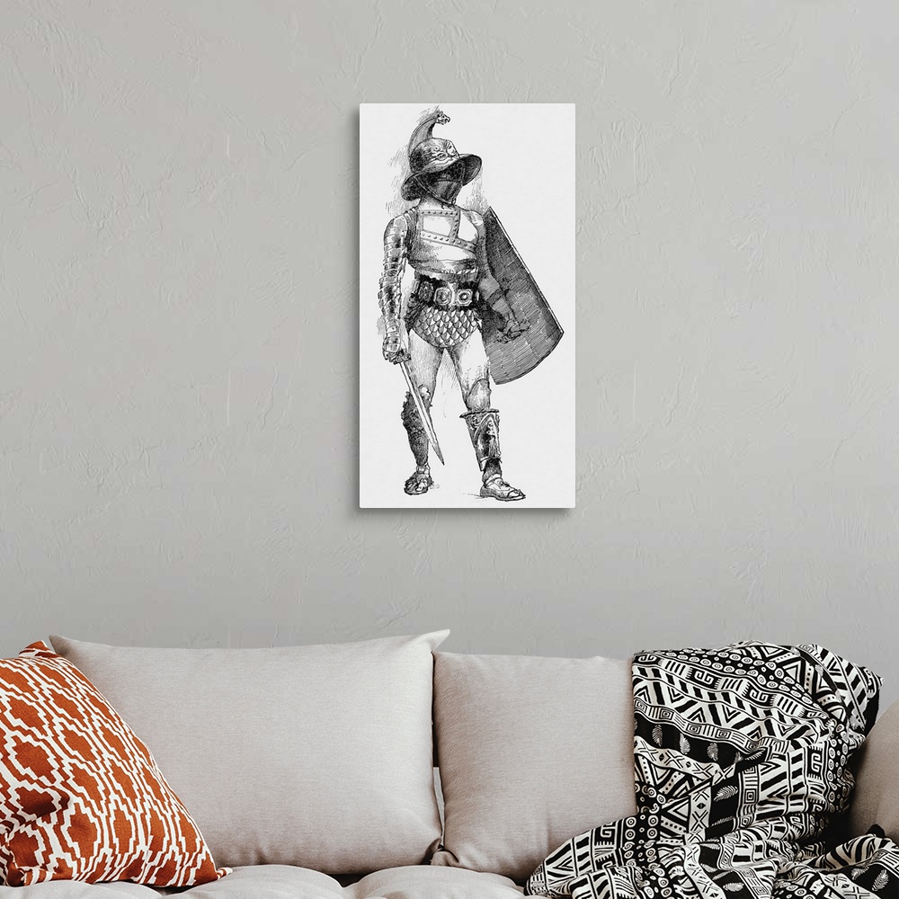 A bohemian room featuring A Samnite-a gladiator in full armor carrying sword and shield.