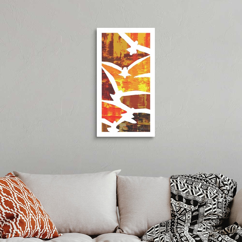 A bohemian room featuring Birds in-flight divide the canvas into orange and red blocks of color.