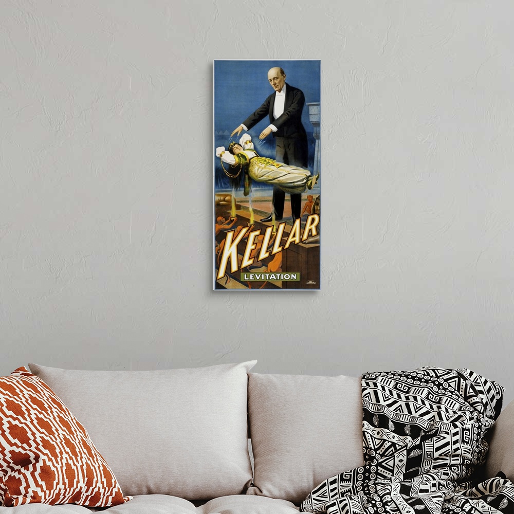 A bohemian room featuring Vintage promotional poster depicts one of Harry Kellaros acts of levitation.