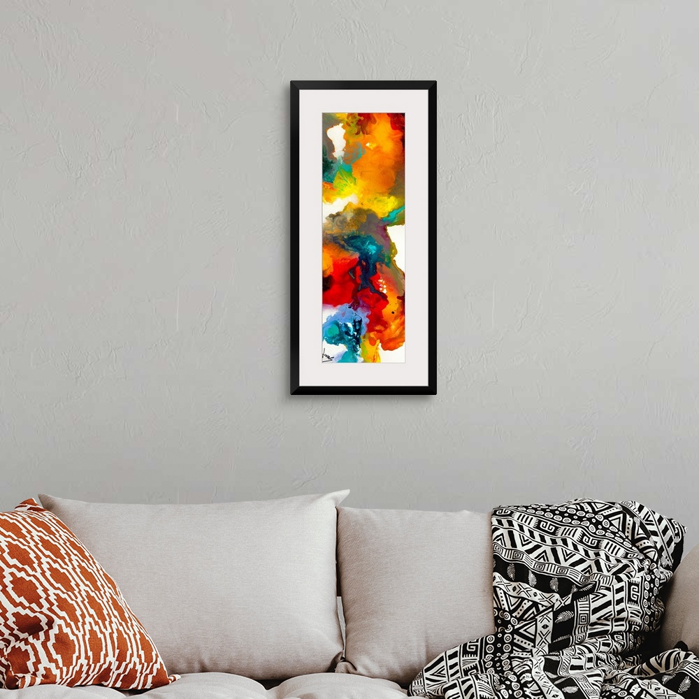 A bohemian room featuring This is a narrow vertical panoramic shaped painting of a vivid blend of wet paints creating a swi...