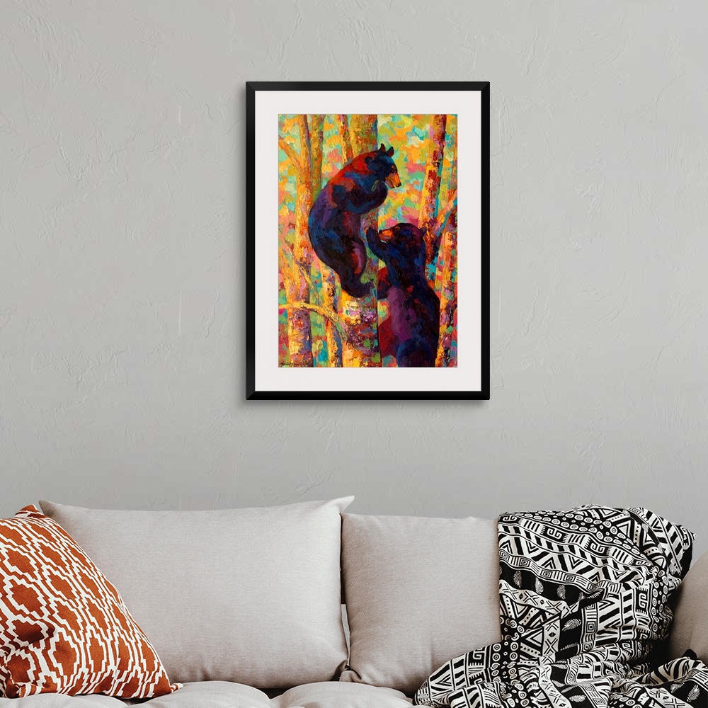 A bohemian room featuring Giant, vertical painting of two bears climbing a tree, one on each side, a forest of colorful lea...
