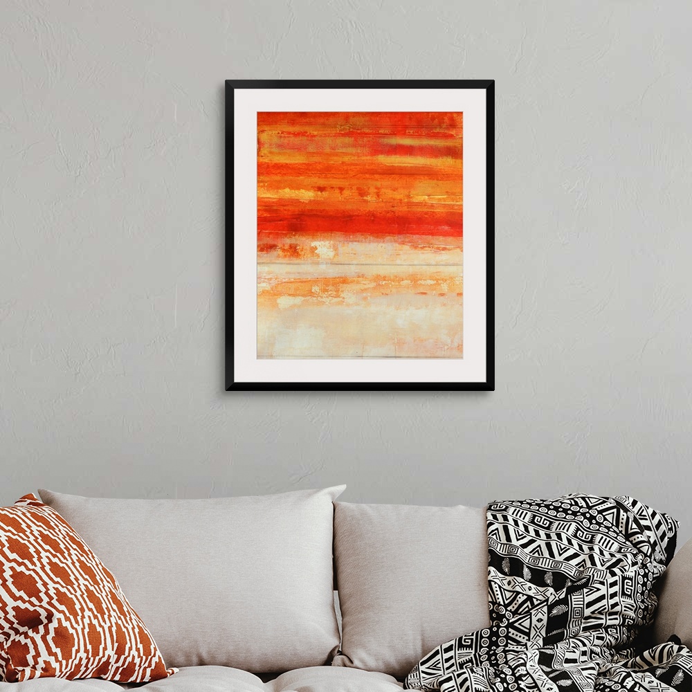 A bohemian room featuring Abstract painting of a warm gradient texture going from dark to light vertically on canvas.