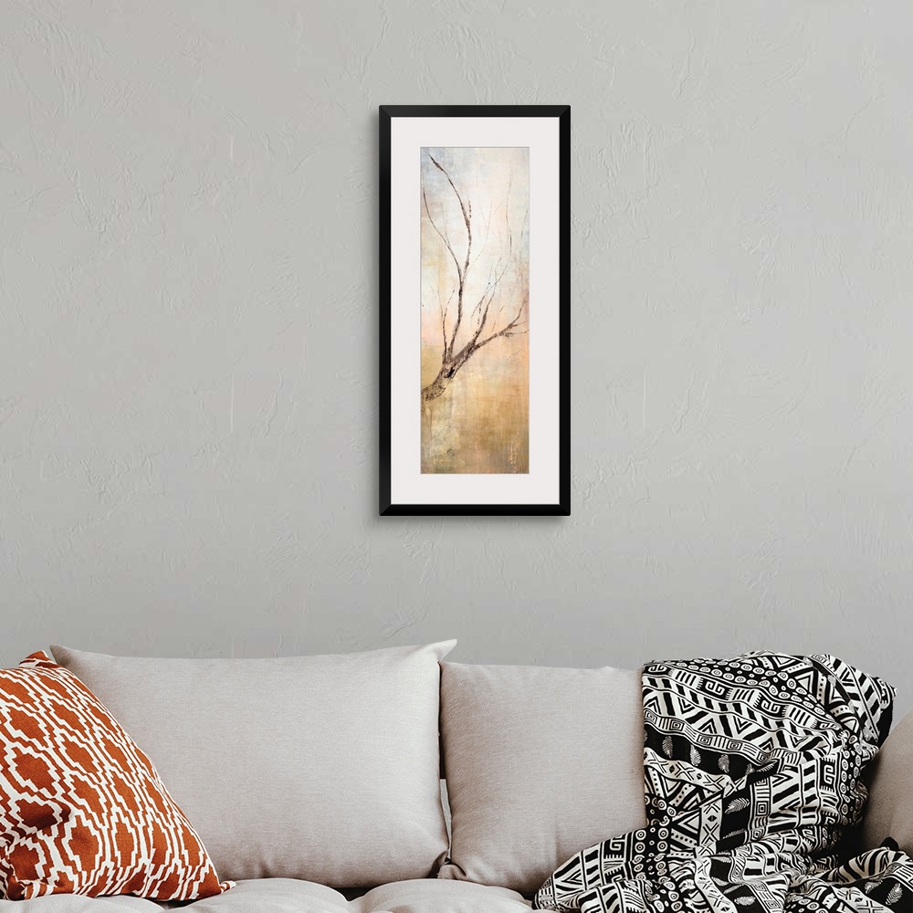 A bohemian room featuring Contemporary vertical panoramic painting of tree branch with several other smaller twigs branchin...