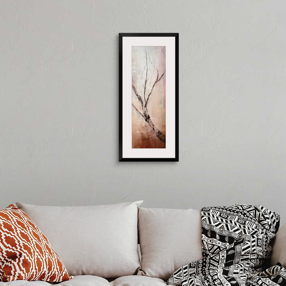 A bohemian room featuring Vertical panoramic canvas painting of an abstract tree branch growing upwards on a grungy backgro...