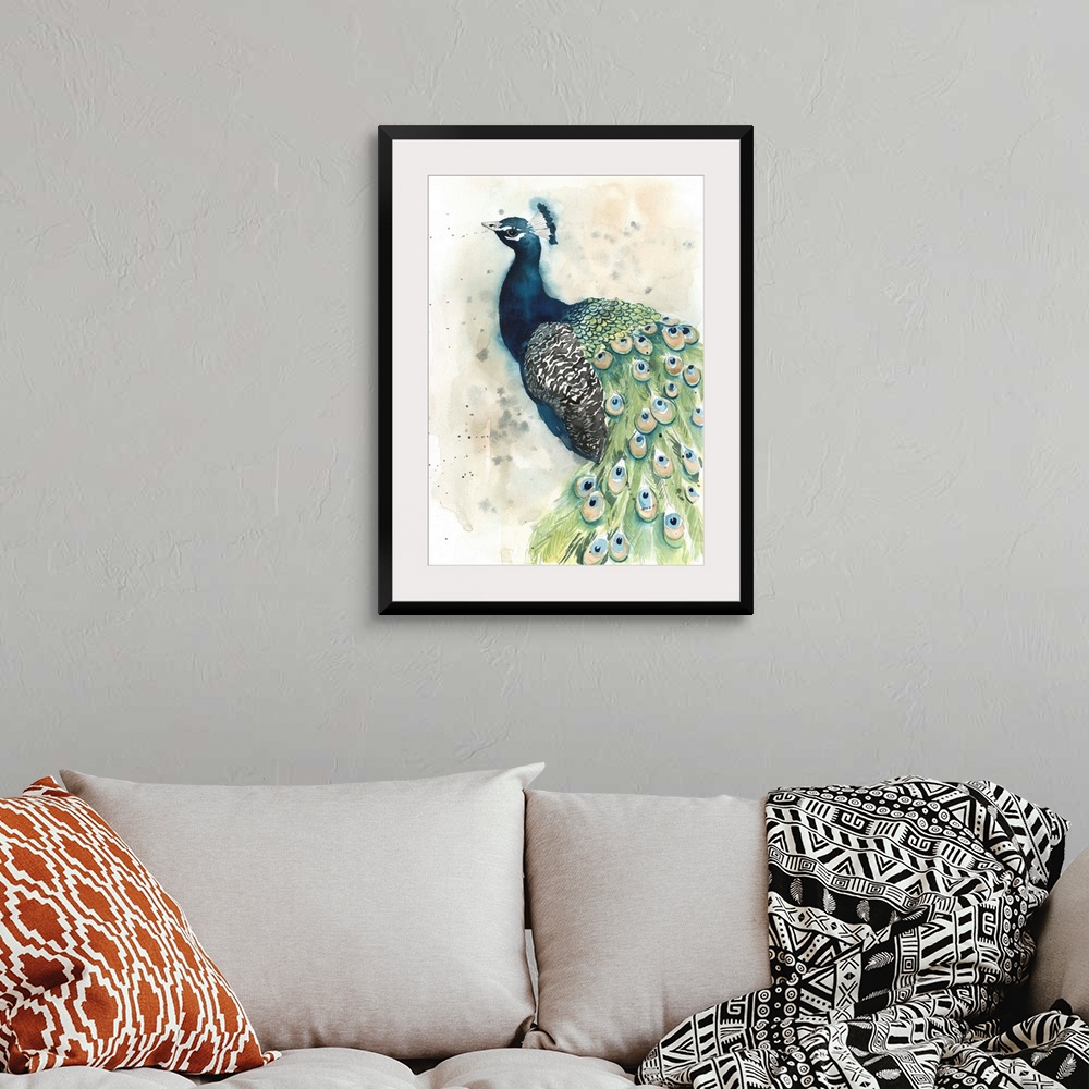 A bohemian room featuring Contemporary watercolor peacock against a neutral background.