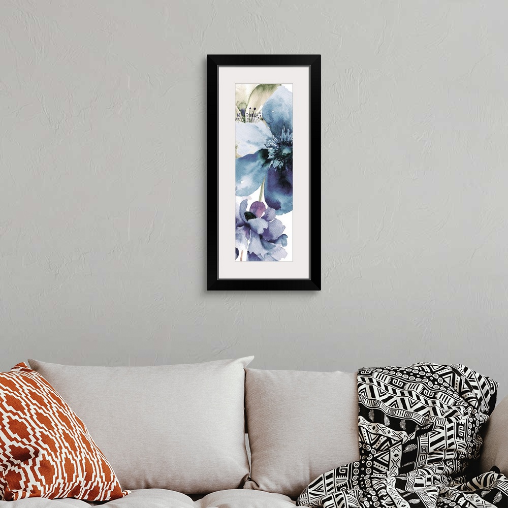A bohemian room featuring Contemporary watercolor painting of a flower with broad petals.