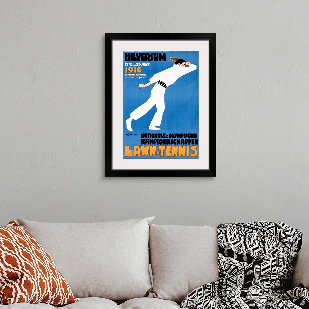 A bohemian room featuring This is an Art Deco style poster in German advertising an even by showing a tennis player against...