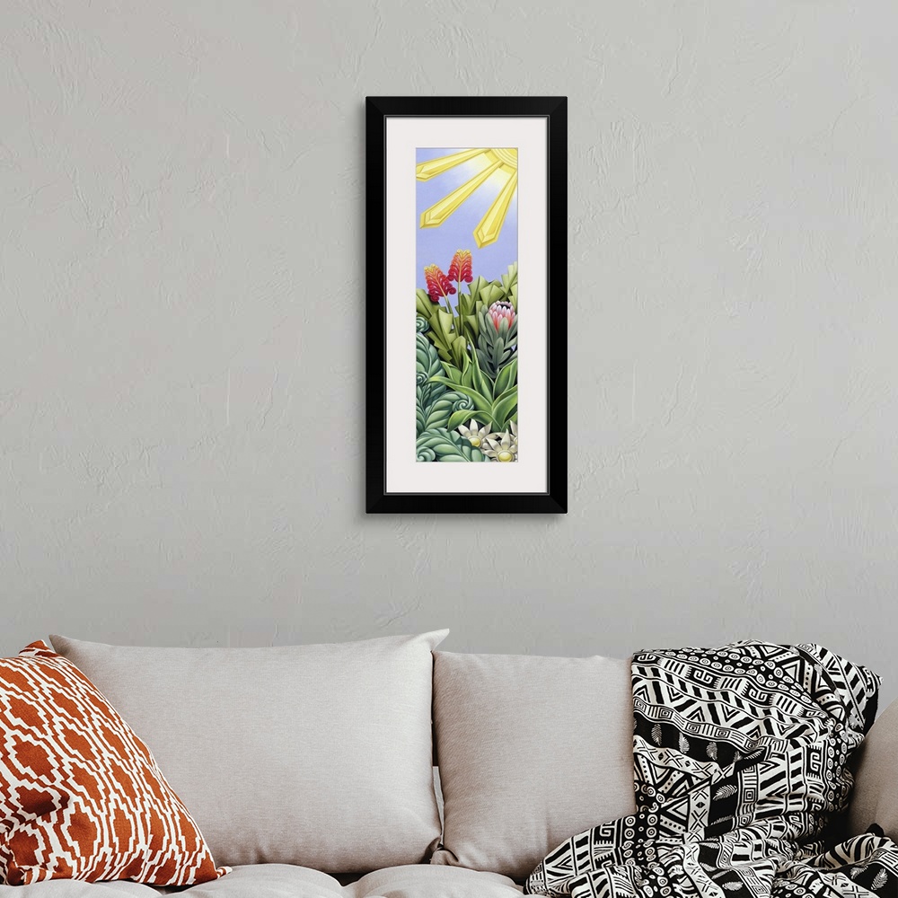 A bohemian room featuring Contemporary art deco-style painting of sunlight shining down on a garden.