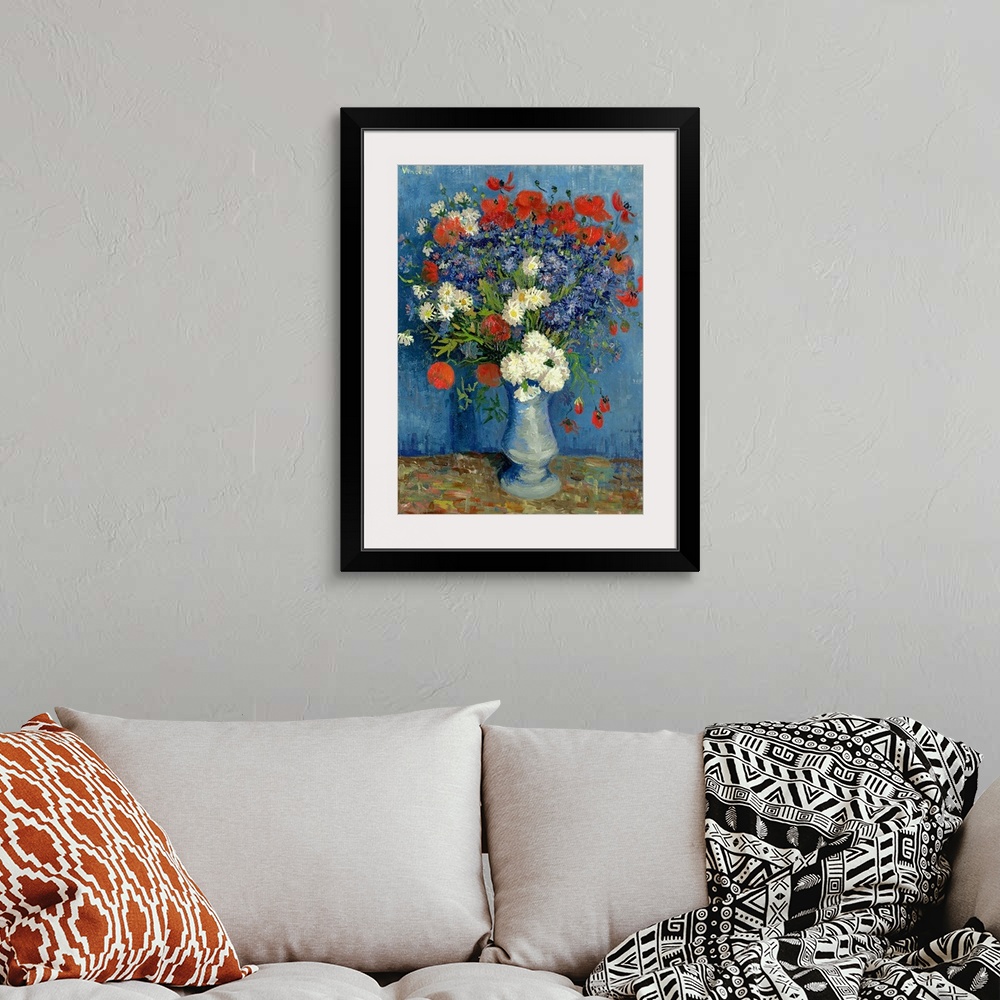 A bohemian room featuring Classic painting of a vessel containing a bouquet of fresh, bright flowers on a table against a w...