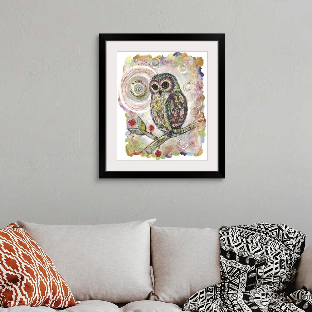 A bohemian room featuring The wise owl against a moon is given a home dec treatment.