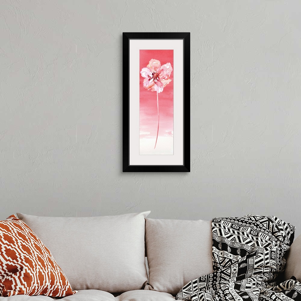 A bohemian room featuring A watercolor flower rests on a pink gradated background with pink at the top and an almost white ...