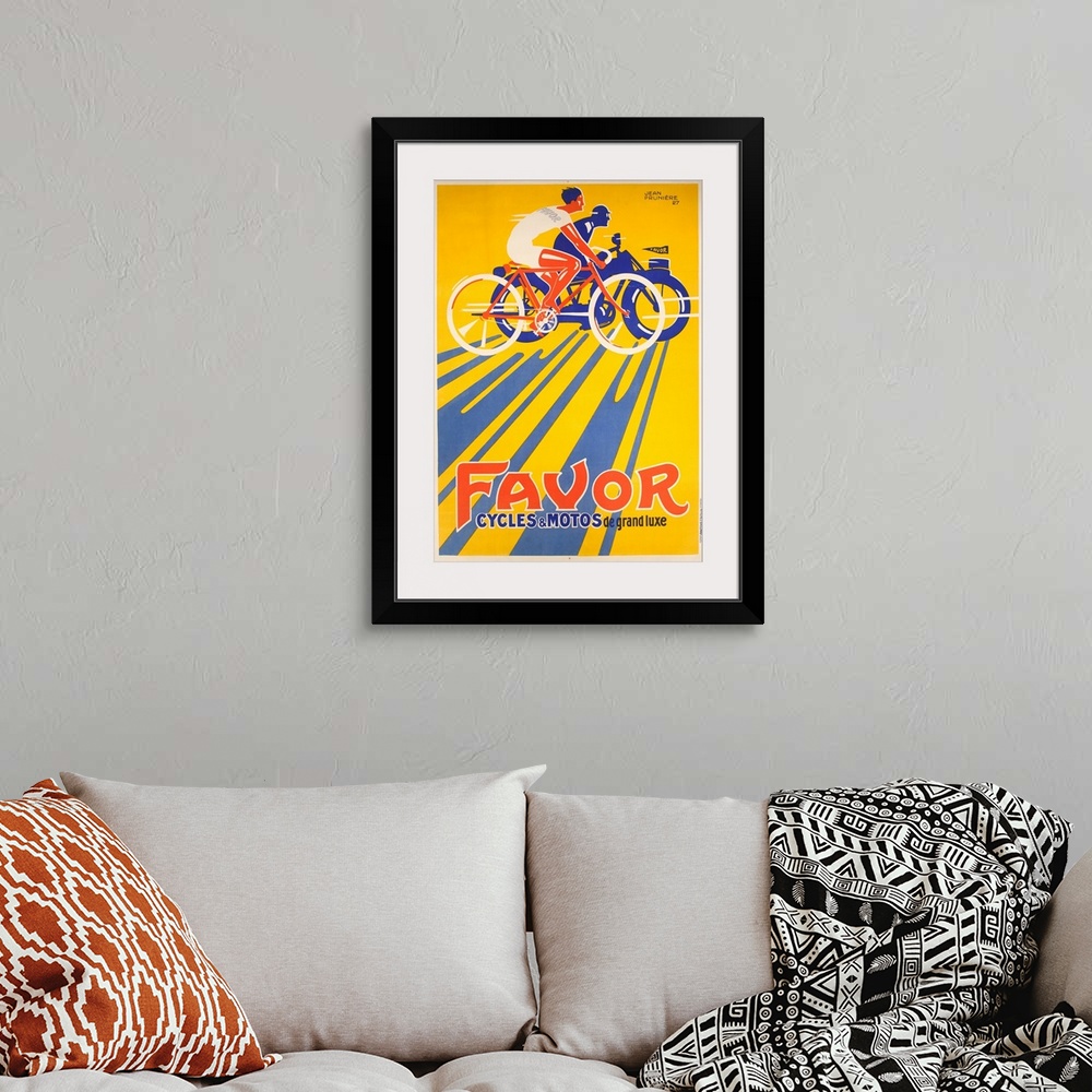 A bohemian room featuring 1927 Franch advertising poster illustrated by Jean Pruniere. Bicyclist and motorcycle rider ride ...