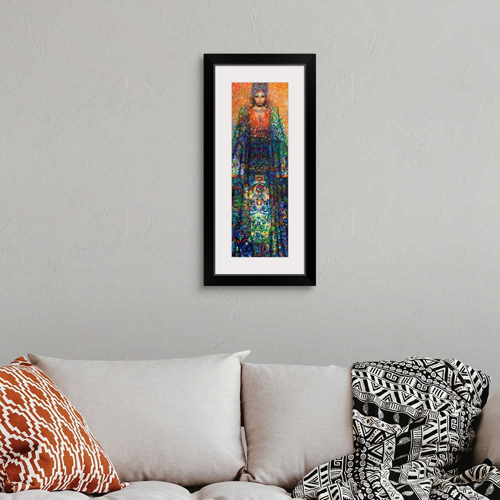 A bohemian room featuring Brightly colored contemporary artwork of Manghoe Lassi in colorful robes.