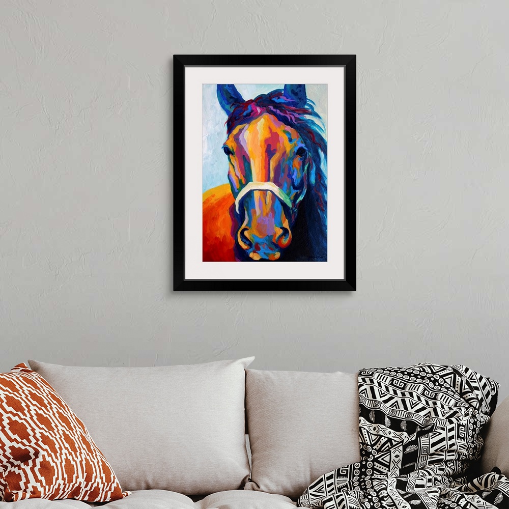 A bohemian room featuring Contemporary art uses warm and cool colors to portray an up close image of a haltered horse's hea...