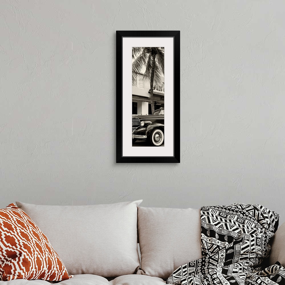 A bohemian room featuring Artistic black and white photograph of a classic car and a palm tree in Florida.