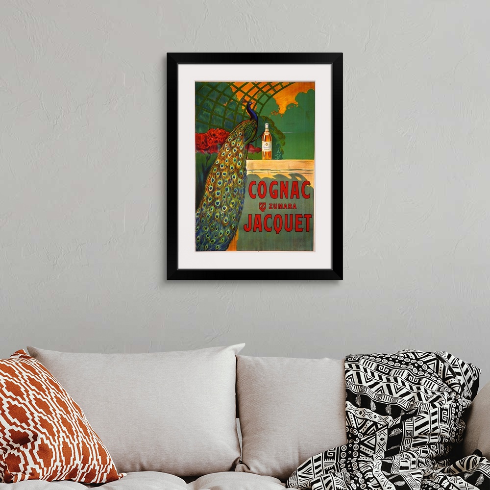 A bohemian room featuring A vintage style poster of a peacock standing under a trellis with its foot perched on a bottle of...