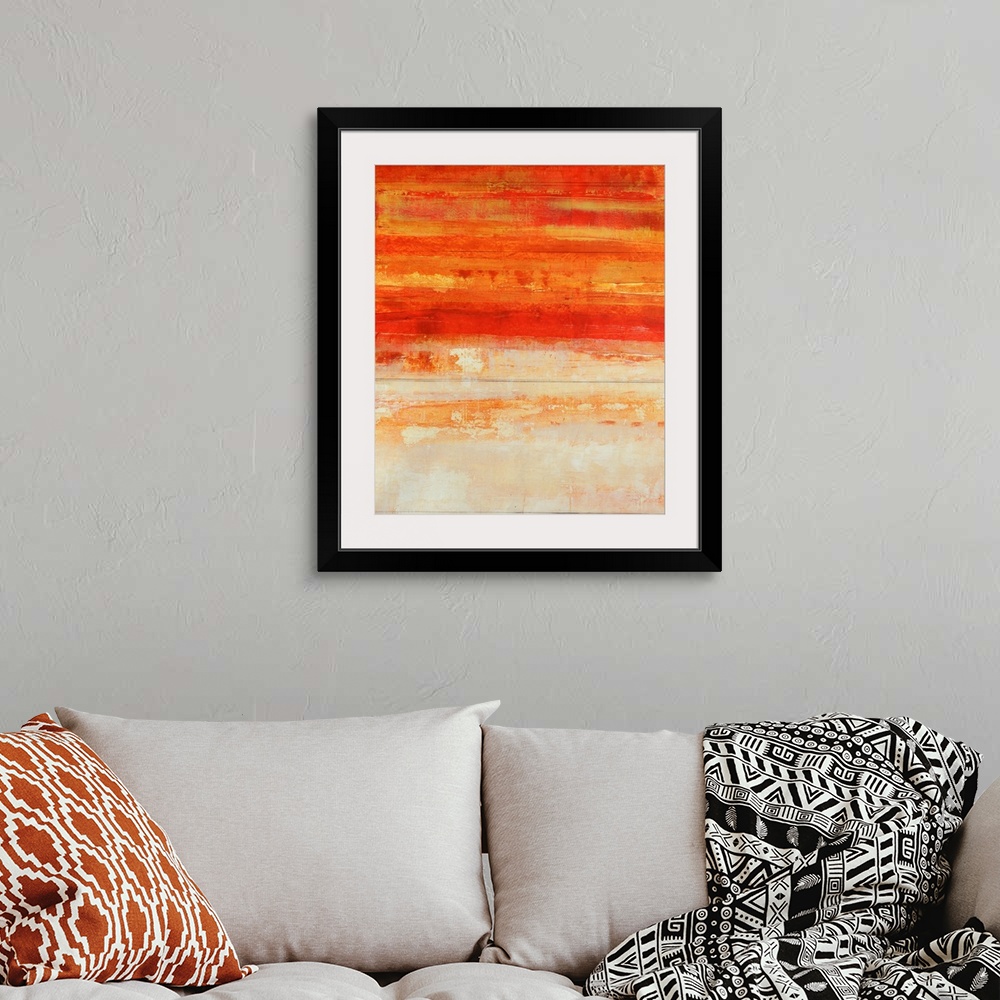 A bohemian room featuring Abstract painting of a warm gradient texture going from dark to light vertically on canvas.