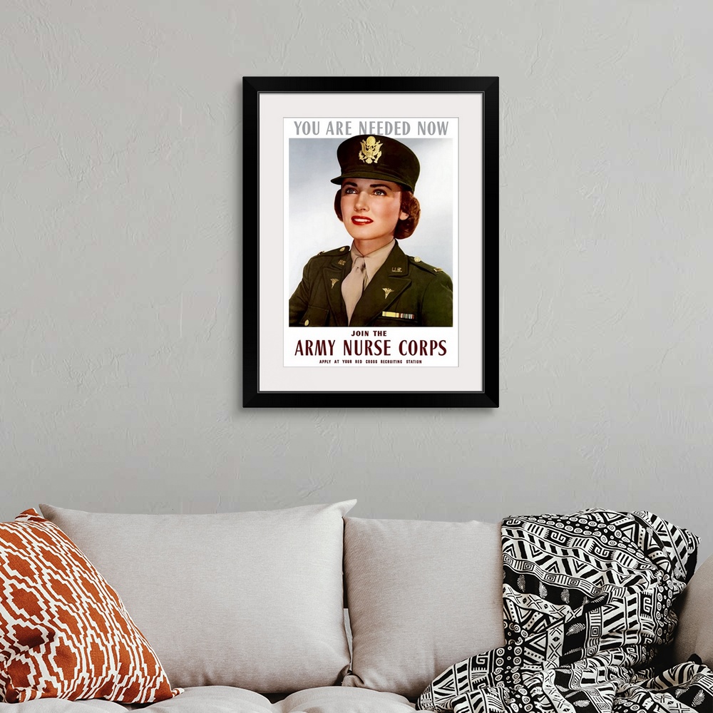 A bohemian room featuring Vintage World War II poster of a smiling female officer of the U.S. Army Medical Corps. It reads,...