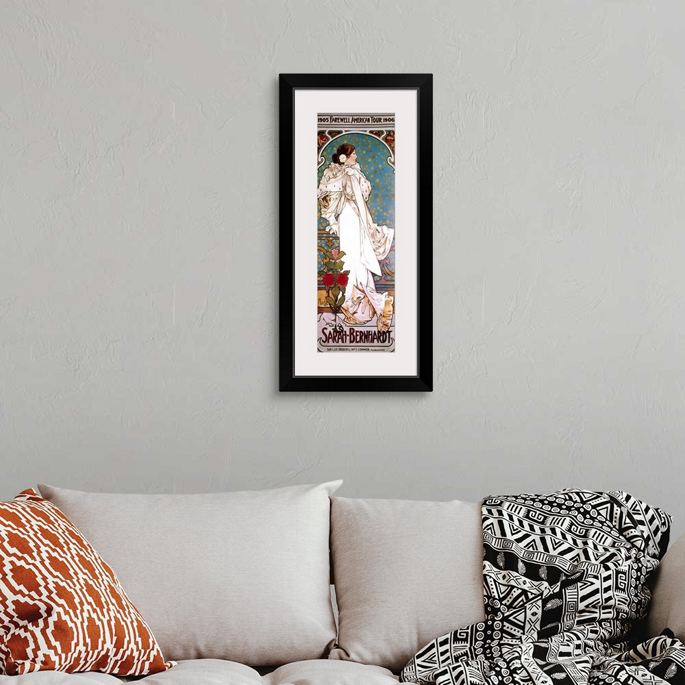 A bohemian room featuring Bernhardt in the title role from 'La Dame aux camelias' on a poster by Alphonse Mucha for her 190...