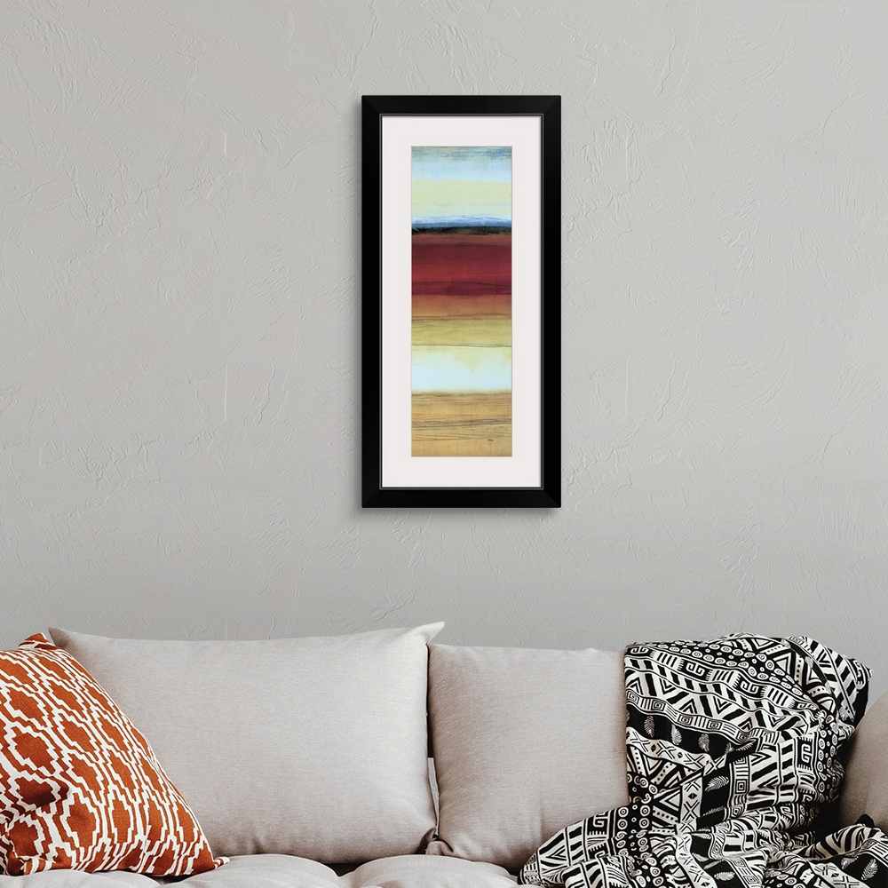 A bohemian room featuring Contemporary abstract painting using vibrant earth tones.