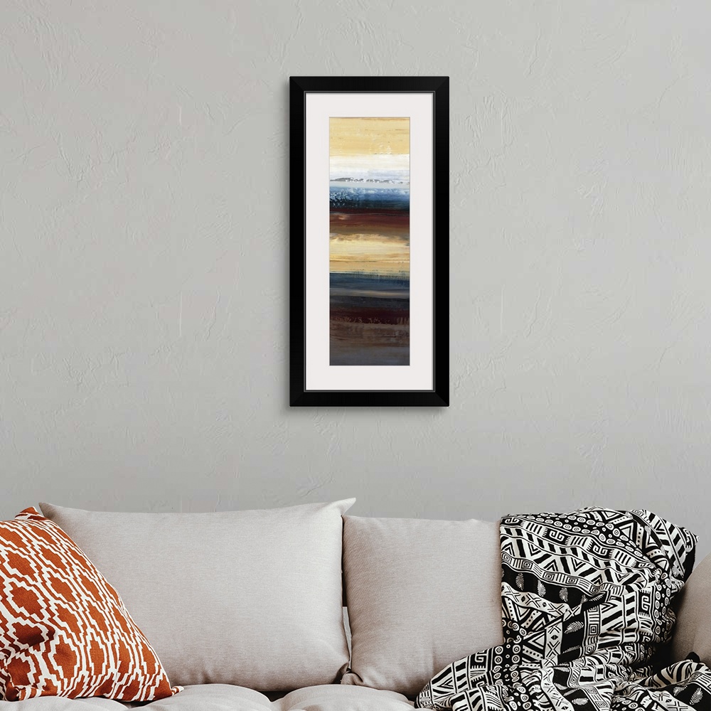 A bohemian room featuring Contemporary abstract painting using cool tones mixed with warm tones resembling a landscape.