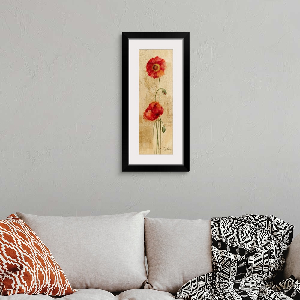 A bohemian room featuring Big, vertical home art docor of two fully bloomed poppy flowers, standing upright on thin stems, ...