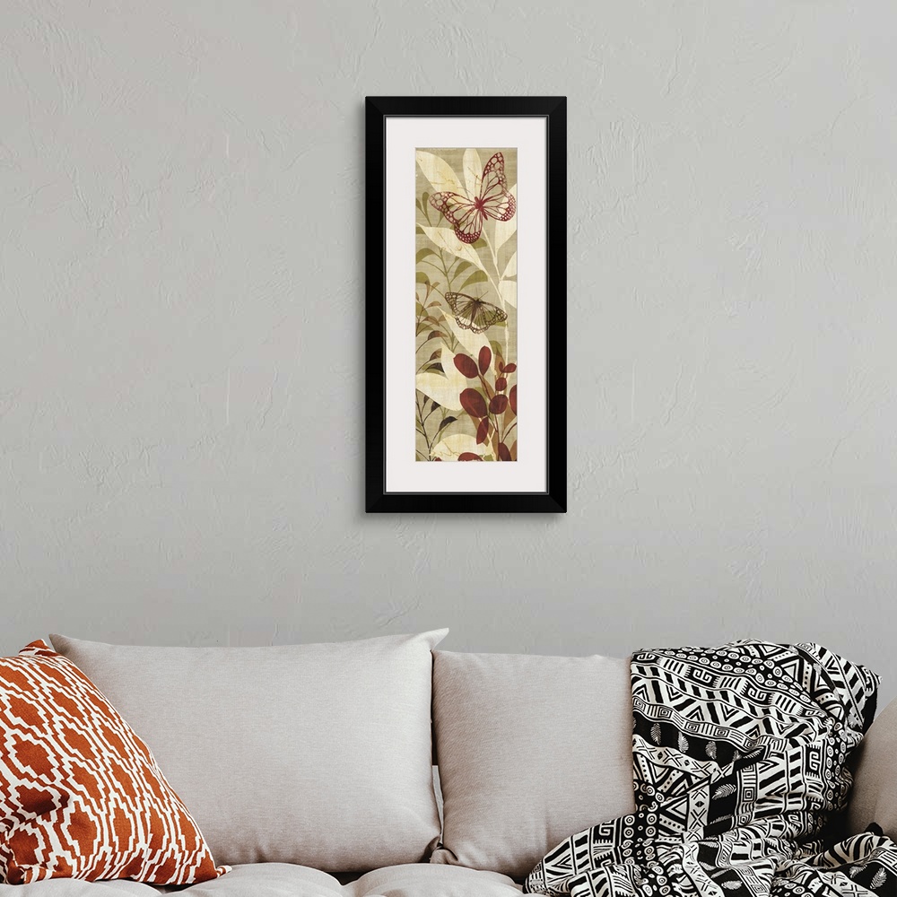 A bohemian room featuring Contemporary artwork of butterfly outlines against a background of flowers and plants.