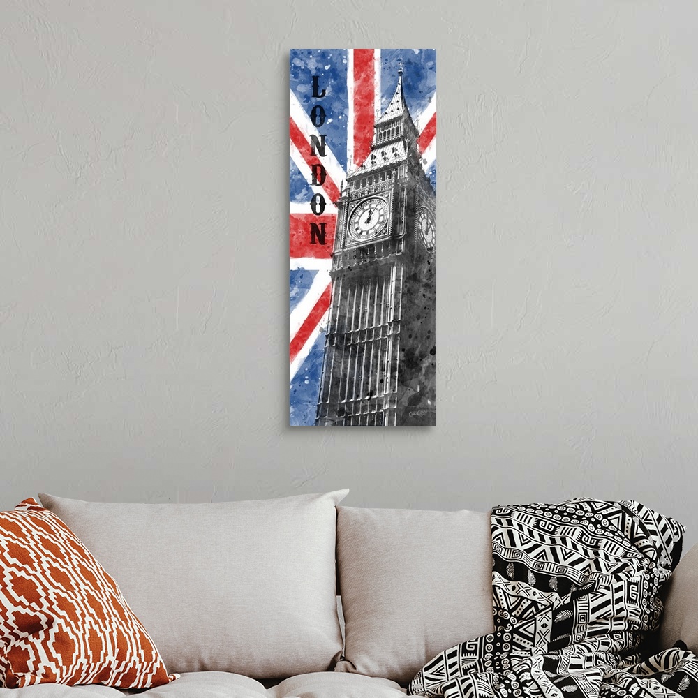 A bohemian room featuring Tall splatter illustration of Big Ben with "London" written on the side and the British flag in t...