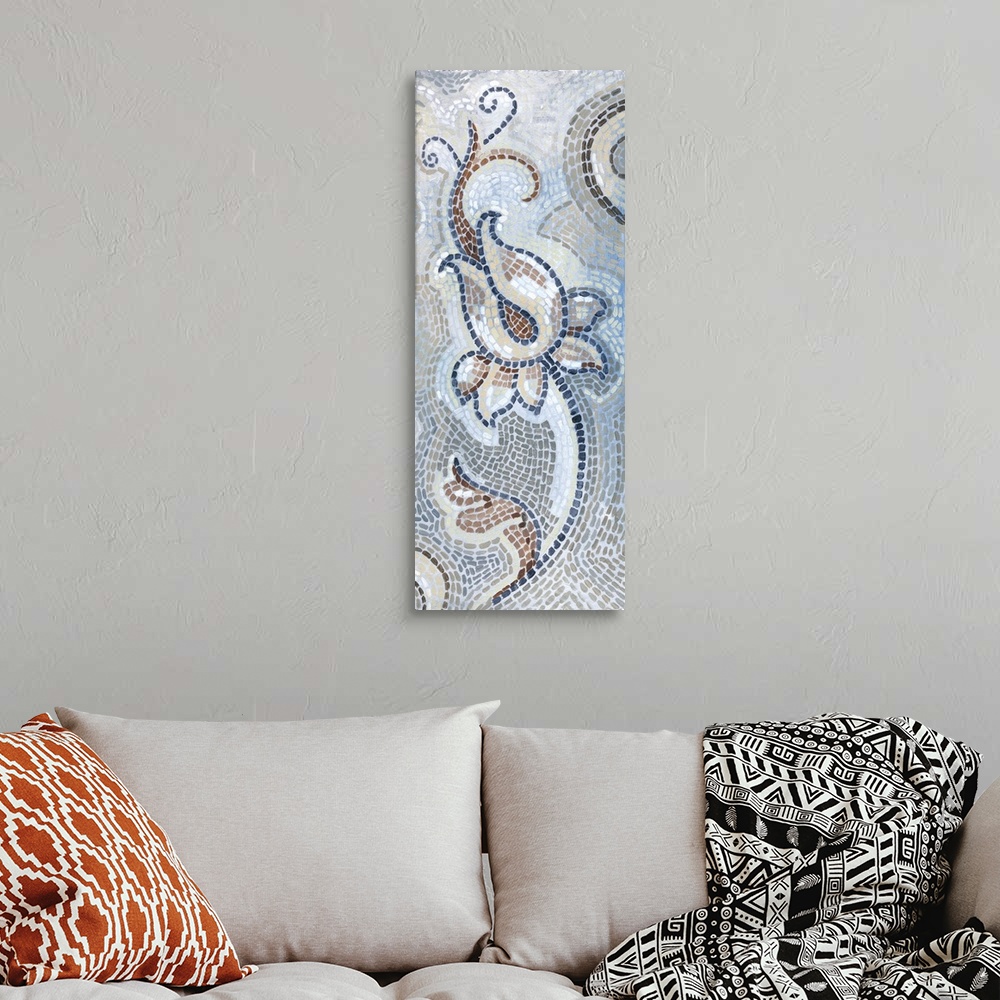 A bohemian room featuring Abstract panel painting of a flower created with mosaic tile-like brushstrokes in blue, brown, gr...