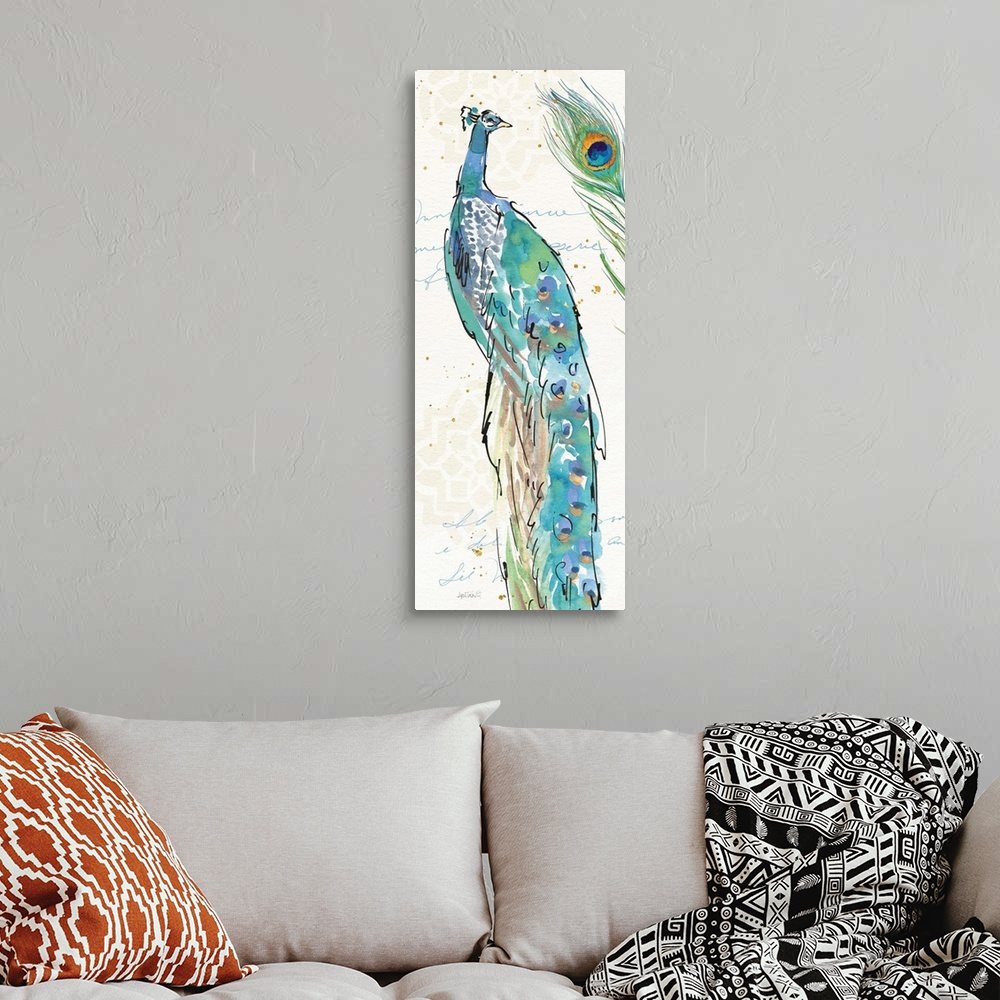 A bohemian room featuring Tall rectangular watercolor painting of a peacock and a peacock feathers on a neutral colored bac...