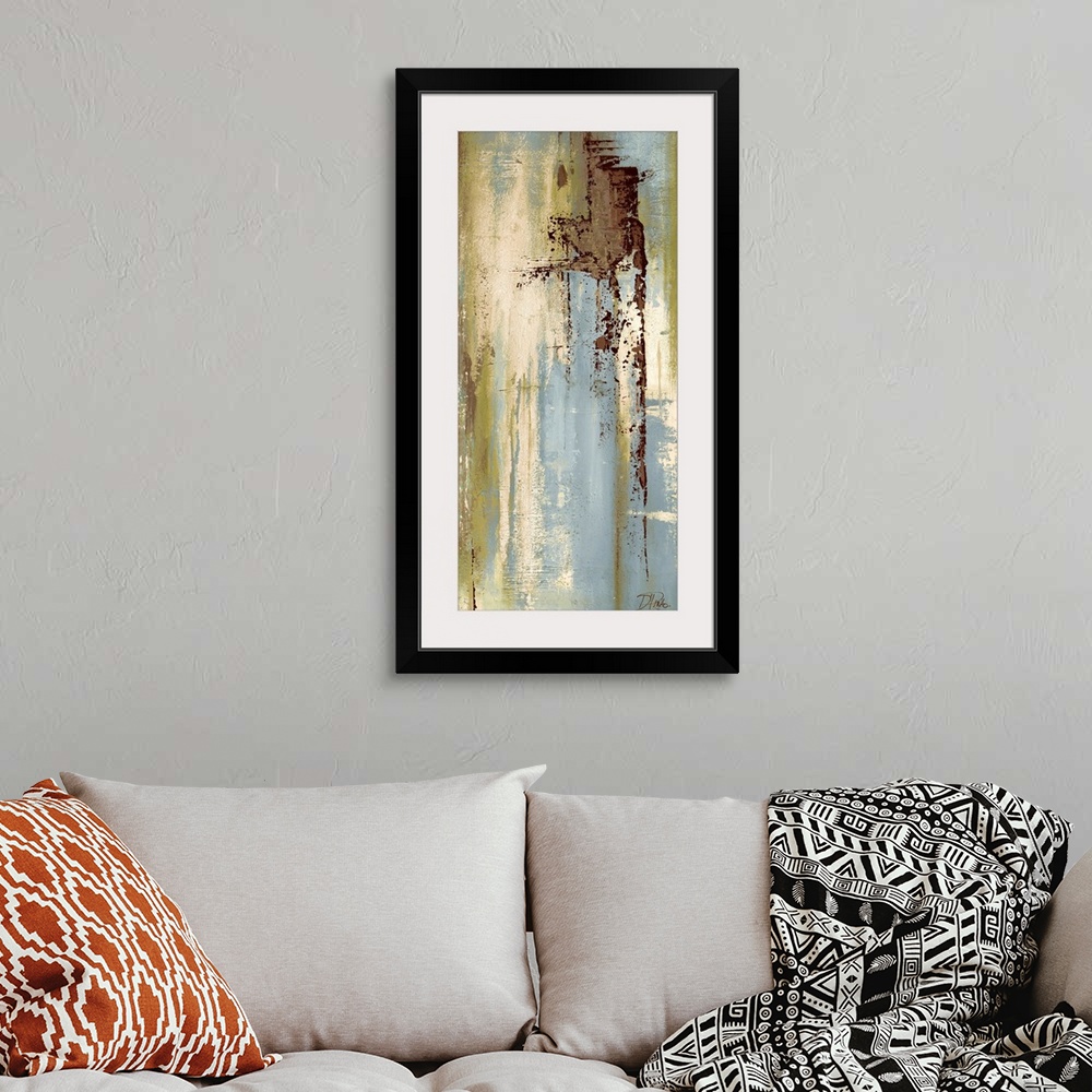 A bohemian room featuring Contemporary abstract painting using blue tones mixed with gray and brown in vertical streaking m...