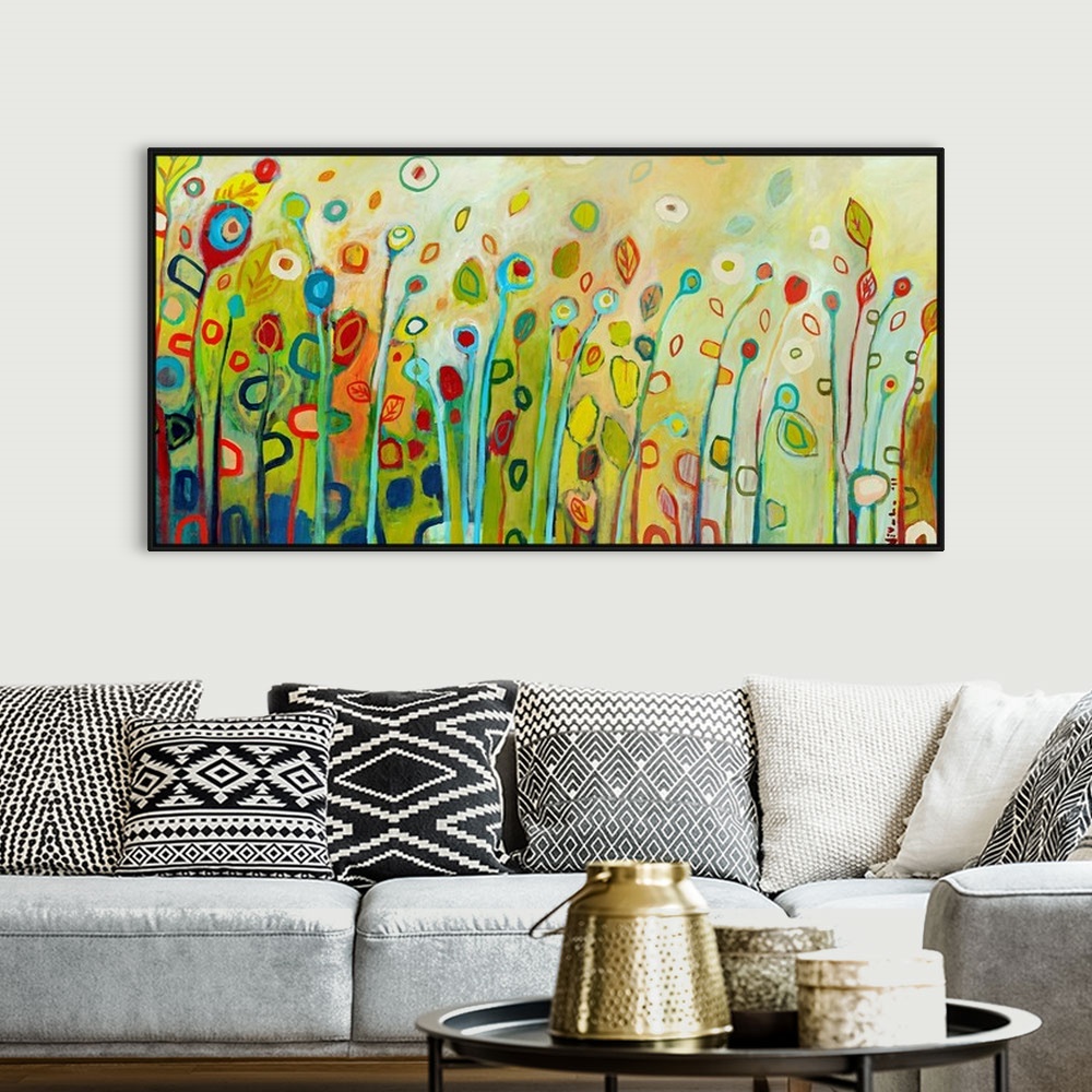 A bohemian room featuring Large contemporary painting with vertical, multicolor flowers and leaves.