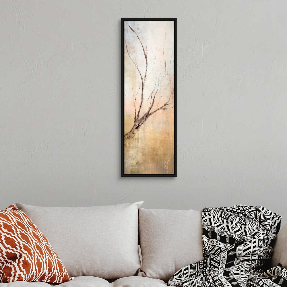 A bohemian room featuring Contemporary vertical panoramic painting of tree branch with several other smaller twigs branchin...
