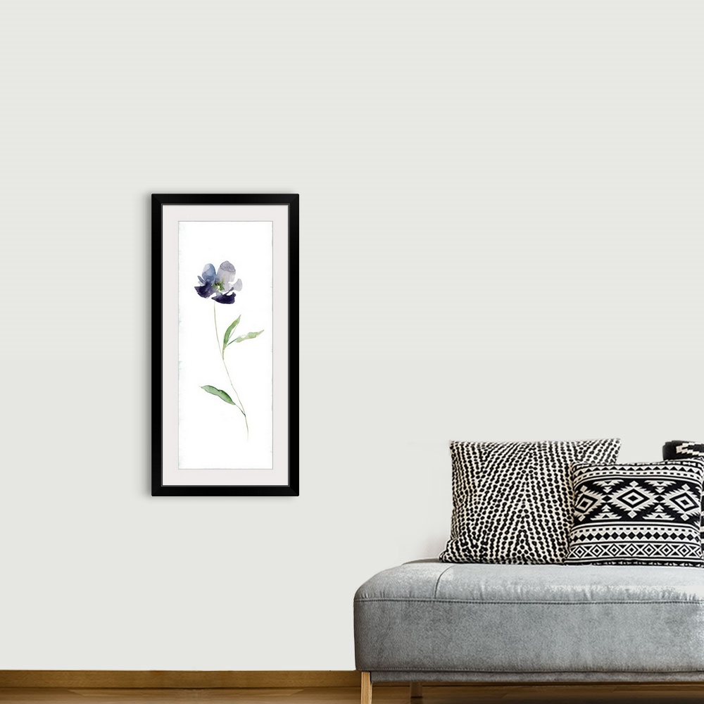 A bohemian room featuring Tall watercolor painting of a single purple flower with a long green stem.
